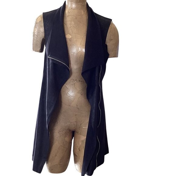 Calvin Klein Draped Faux Suede Long Zip Vest Sz S Black #323E - Picture 4 of 9